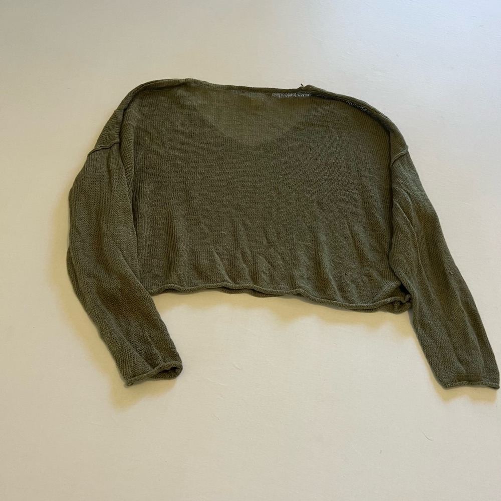 L.O.G.G. by H&M linen blend green cropped casual long sleeve top Sd - Picture 8 of 9
